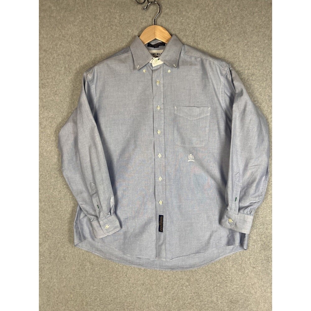 Tommy Hilfiger Mens Sz 16 34 Crest Button Down Twill Blue Long Sleeved Shirt